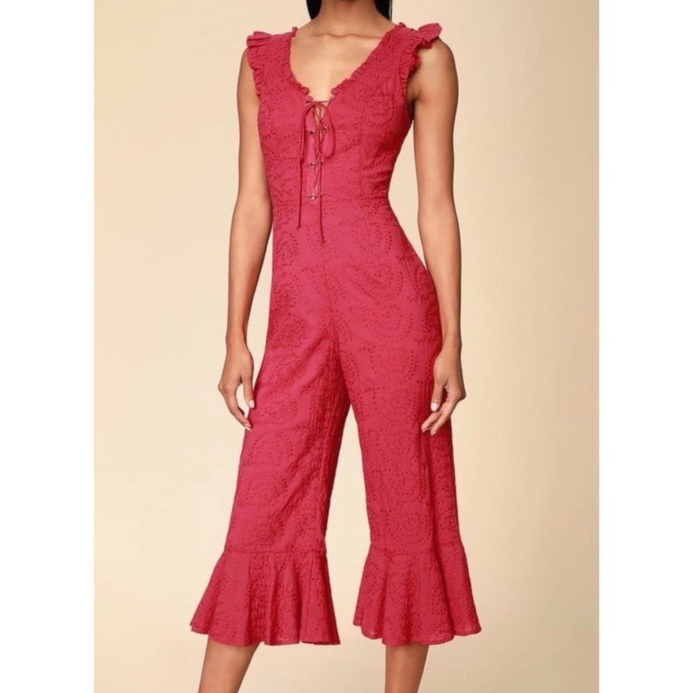 Lulus Red Eyelet Ruffle Lace Up Cropped Jumpsuit Small Boho Cottagecore